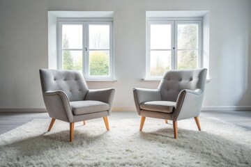Fototapeta premium Cozy Grey Armchairs Panoramic White Room Interior Design Photography