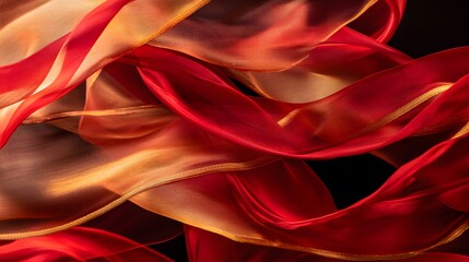 Obraz premium Flowing silk ribbons in red and gold studio setting abstract art dramatic lighting close-up view motion and texture