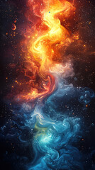 Fototapeta premium Abstract depiction of fire and water colliding, with flames in red, orange, and yellow intertwining with flowing water in blue and turquoise, creating a harmonious, fluid dance of elements 