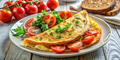 Crunchy Fried Omelette on a Plate with Fresh Tomato Slices and Toasted Bread , tomato, omelette