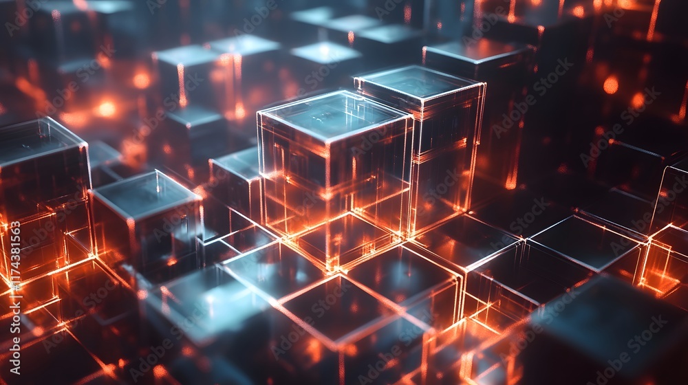 Poster dynamic glow of transparent cubes virtual environment 3d animation futuristic concept abstract viewp