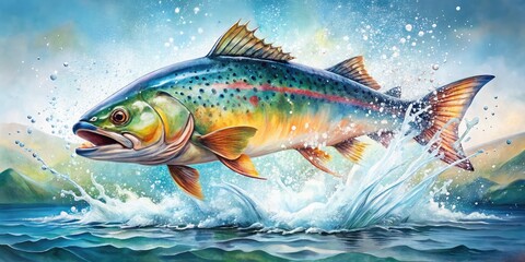 Fototapeta premium Watercolor Fish Leap - AI Photorealistic