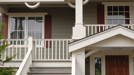 A house's exterior featuring a gray-toned facade, white trim, burgundy shutters, and a white porch with railings and stairs.  A visible portion of a brown front door is also present.
