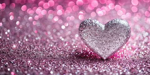 Obraz premium Sparkling silver glitter on a pink background with a heart shape, creating a luxurious and elegant atmosphere