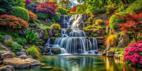 Obraz premium Waterfall Garden Landscape, High Detail, Stunning Depth of Field