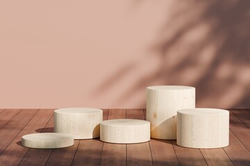 Wood podium pedestal on warming brown background with geometric shapes circle on one wooden floor and wall the platform for product presentation minimal style, copy space, abstract podium. 3d render.