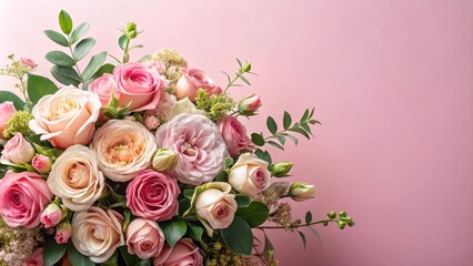 Elegant floral arrangement on a soft pink background featuring lush roses in various stages of bloom and delicate foliage, roses, flowers