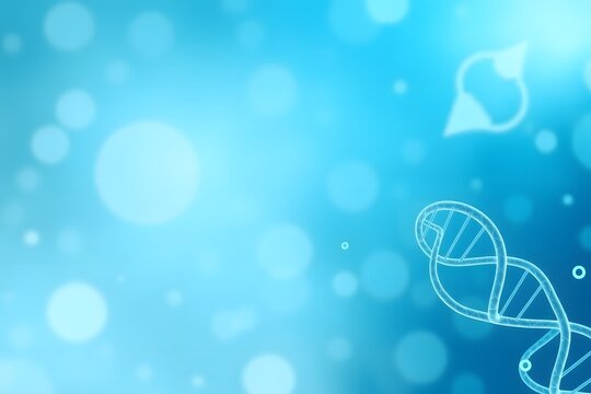A blue abstract background featuring a DNA strand and soft bokeh effects.