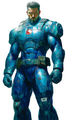 Muscular hero in futuristic armor stands confidently on a transparent background
