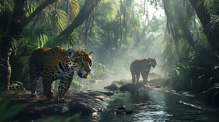 Majestic Jaguars in a Lush Rainforest
