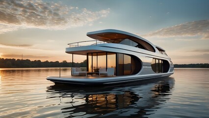 
Floating Luxury Modern, Futuristic Houseboat on Calm Water with Panoramic River Views at Sunset