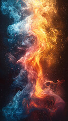 Abstract depiction of fire and water colliding, with flames in red, orange, and yellow intertwining with flowing water in blue and turquoise, creating a harmonious, fluid dance of elements
