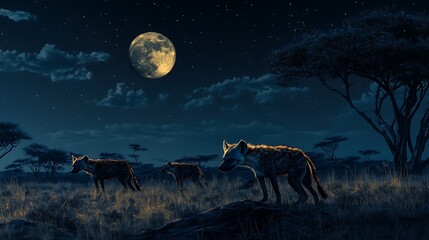 Serene Night in the African Savanna: Hyenas Under the Full Moon