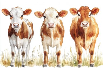 Three watercolor cows standing in a grassy field, showcasing their distinct colors and expressions.