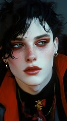 Intriguing Male Portrait: Dark Hair, Red Lips, Freckles