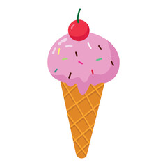 Illustration of pink ice cream cone with cherry. Suitable for summer themed designs, dessert menus, or sweet treat graphics.