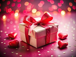 Romantic Valentine's Day gift box, adorned with red hearts against a soft pink background.