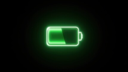 Glowing Green Battery Icon with Half Charge on Dark Background