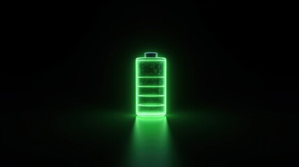 Green Neon Battery Icon on Dark Background with Glowing Effect