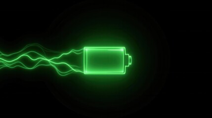 Neon Green Battery Icon with Energy Flow on Dark Background
