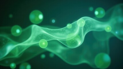 Obraz premium Abstract Green Waves with Glowing Spheres on Dark Background