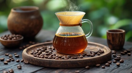 Fototapeta premium Freshly Brewed Coffee on Wooden Tray