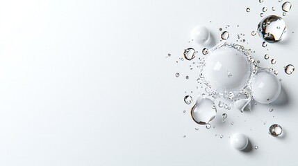 Water droplets and bubbles on white background creating an abstract composition