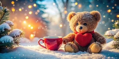 Winter Teddy Bear Holding Heart Cup - AI Photography