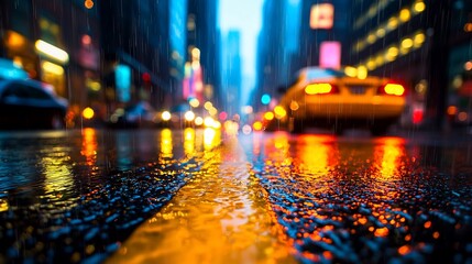 Rainy city street at night, blurred lights reflecting on wet asphalt.