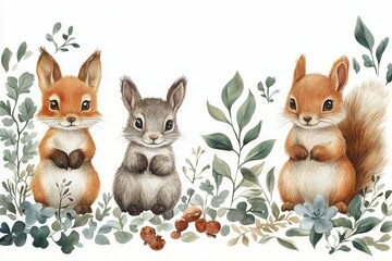 Fototapeta premium A charming illustration of three cute woodland animals surrounded by foliage.