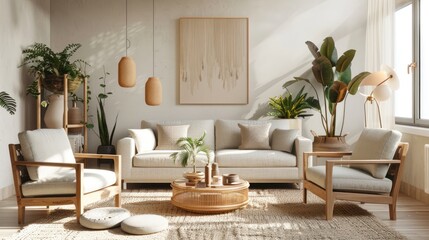 Fototapeta premium Japanese style living room design modern interior with plaster and wood, AI generated image