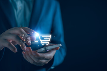 Ecommerce online shop concept. Add to cart internet web store buy online. Business man using smartphone with shopping, sale, retail, cart and business service technology