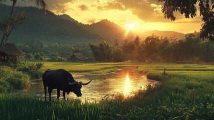 Naklejka premium Evening in rural Thailand with a view of lush green rice paddies, a grazing water buffalo, and the sun setting behind distant hills.