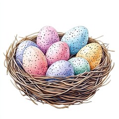 Nest with Colorful Speckled Easter Eggs, Bird&rsquo;s nest filled with vibrant speckled pastel eggs in pink, blue, yellow, and green, symbolizing spring renewal and festive Easter celebration.


