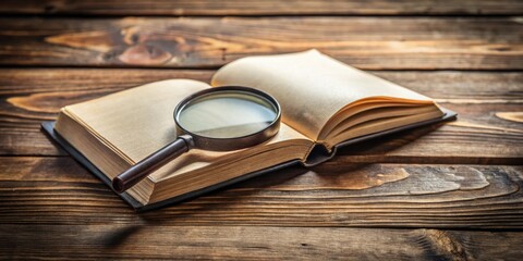 A guidebook lying open on a wooden table with a magnifying glass next to it, desk, research,  desk, research