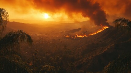 Flames consuming dense vegetation on a mountainside near Santa Paula, with thick smoke creating an apocalyptic orange sky