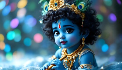Illustration of a baby Krishna, cute animated Krishna.