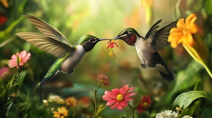 Hummingbird Harmony: A Digital Painting of Two Hummingbirds Sharing Nectar Amidst Vibrant Blossoms