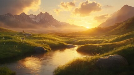 Obraz premium Golden hour over a serene mountain scene, the sunlight touching the peaks and a glassy stream nestled in the valley.