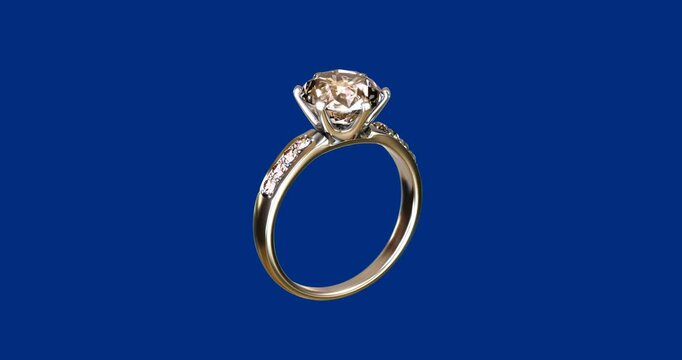 ring with diamonds rotation on blue background 3D rendering