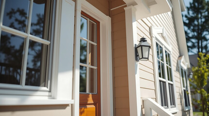 Fototapeta premium Close-up view of a light beige house exterior. Features a white-framed window, a wood door with glass panes, and a white exterior light fixture. Part of a second window is visible.