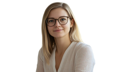 Obraz premium Confident Young Blonde Woman in Glasses Portrait Casual White Blouse