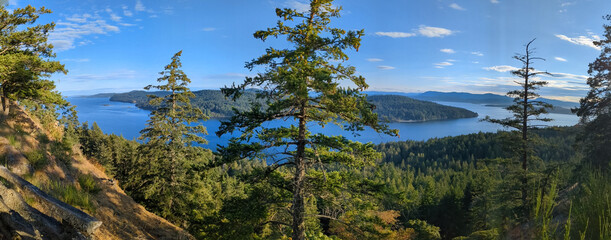 Panorama overlooking the Salish Sea and Pender Island taken from a hillside on Mayne Island Canada © Doug
