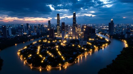 Obraz premium Nighttime Cityscape Overlooking Urban Skyline with River and Lights