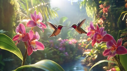 Hummingbirds and Orchids in a Tropical Paradise: A Digital Painting