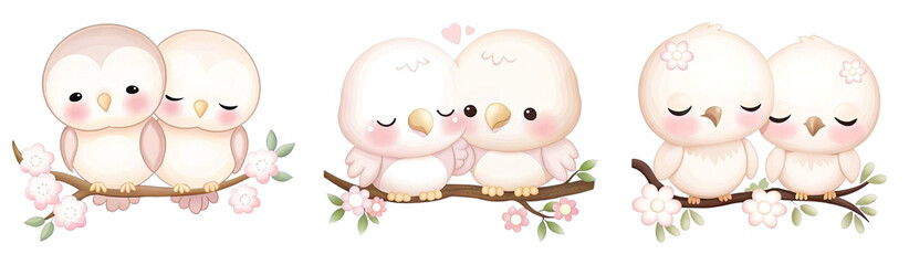 Fototapeta premium Cute, pastel-colored birds snuggle together on branches adorned with flowers, expressing affection and companionship.