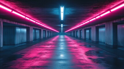 Fototapeta premium Neon-lit underground corridor with reflective surfaces