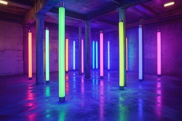 Vibrant neon light installation in an industrial space