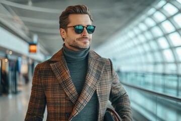 Stylish man in sunglasses at a modern airport terminal