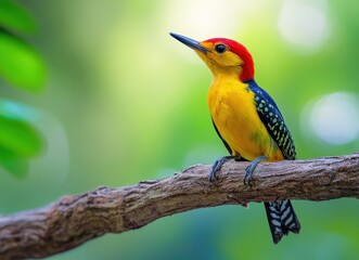 Obraz premium Vibrant, exotic bird perched on branch against green background